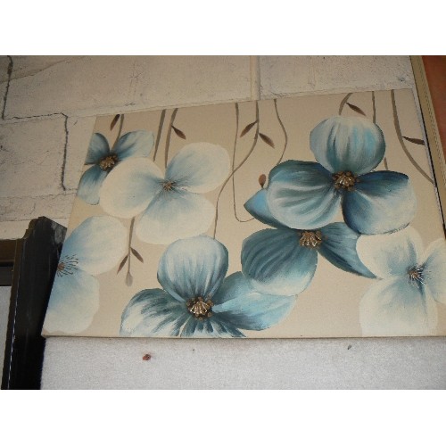 417 - 2 VERY LARGE BOXED FLOWER PRINTS PLUS A MODERN BLUE FLOWER PRINT ON CANVAS