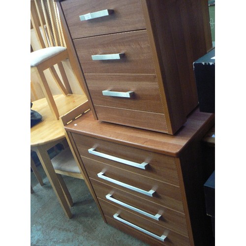 405 - CHEST OF  4 DRAWERS, WOOD EFFECT WITH  METAL WIDE HANDLES AND A MATCHING BEDSIDE CHEST