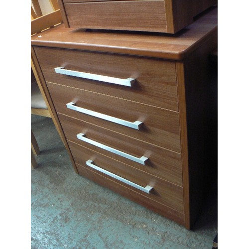 405 - CHEST OF  4 DRAWERS, WOOD EFFECT WITH  METAL WIDE HANDLES AND A MATCHING BEDSIDE CHEST