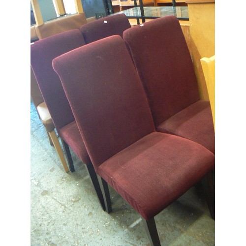 402 - 4 BURGUNDY FABRIC DINING CHAIRS WITH HIGH BACK, MODERN