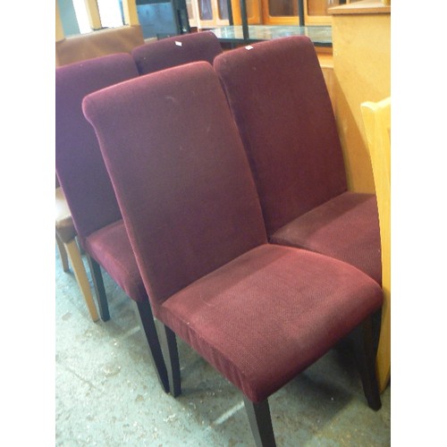 402 - 4 BURGUNDY FABRIC DINING CHAIRS WITH HIGH BACK, MODERN