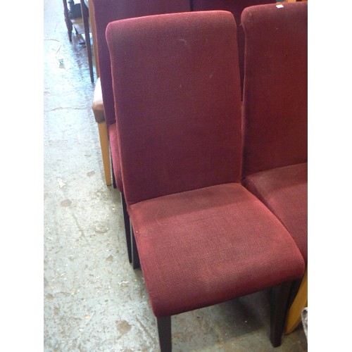 402 - 4 BURGUNDY FABRIC DINING CHAIRS WITH HIGH BACK, MODERN