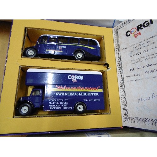 265 - 3 BOXED CORGI DIE-CAST VEHICLES. A REMOVAL VAN AND 2 X COACHES.