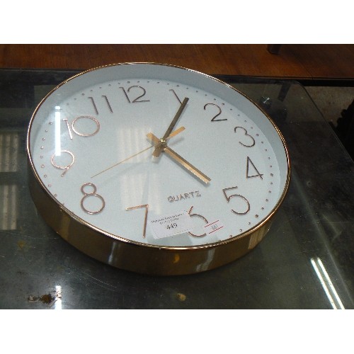 449 - ROSE GOLD ROUND WALL CLOCK WITH WHITE FACE