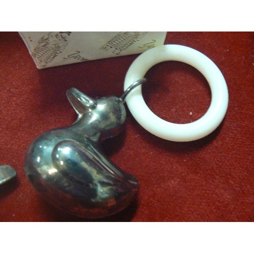 46 - A BABY'S TEETHING RING /RATTLE AND A SILVER BABY'S PUSHER