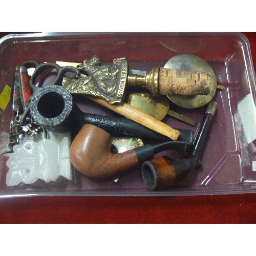 50 - A MIXED GENTS LOT PIPES BOTTLE STOPPER, BONE CHEROOT HOLDER NICE PIECES AND CRIBBAGE BOARD