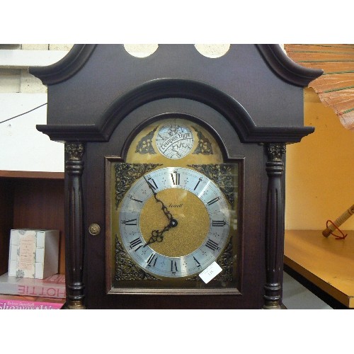 461 - GRANDFATHER CLOCK. LOWELL TEMPUS FUJIT. REPRO. DARK WOOD CASE. APPEARS GOOD CONDITION. TALL TOP PEDI... 