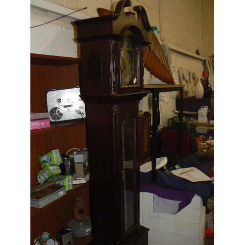 461 - GRANDFATHER CLOCK. LOWELL TEMPUS FUJIT. REPRO. DARK WOOD CASE. APPEARS GOOD CONDITION. TALL TOP PEDI... 