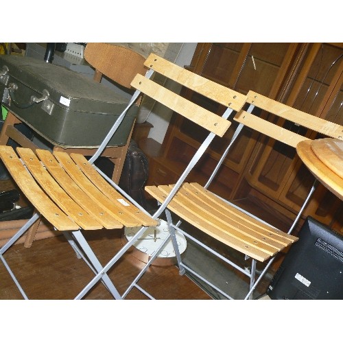 471 - 2 CAFE CHAIRS, METAL FRAMED AND WOODEN SLATTED SEATS AND BACK