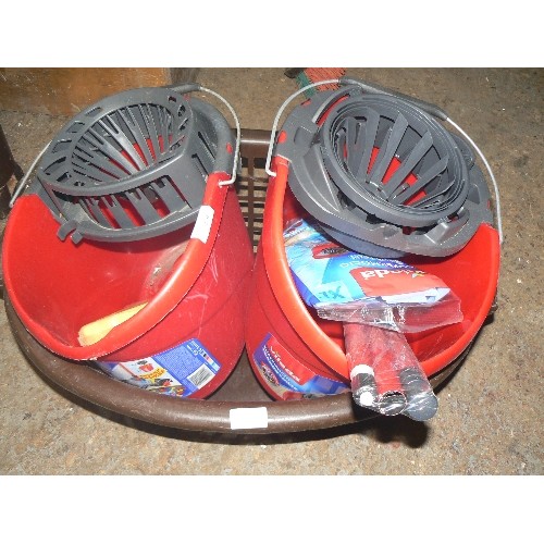 479 - VIELDA X 2 MOP BUCKETS, ONE WITH  MOP HEAD AND HEANDLE PLUS SPONGE IN A WASHING BASKET