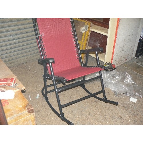 478 - GARDEN ROCKING CHAIR, BLACK METAL FRAME AND BURGUNDY CANVAS SEAT, NEW WITH TAGS