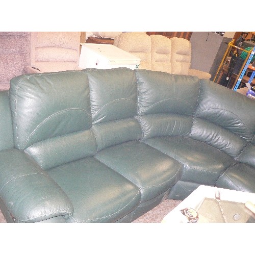 443 - LARGE CORNER LOUNGER GREEN LEATHER SOFA, SEATS 5 WITH A RECLINER AT EACH END. COMES IN SECTIONS  SEA... 