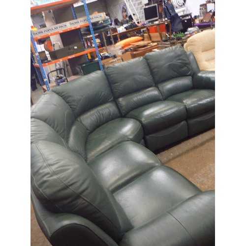 443 - LARGE CORNER LOUNGER GREEN LEATHER SOFA, SEATS 5 WITH A RECLINER AT EACH END. COMES IN SECTIONS  SEA... 