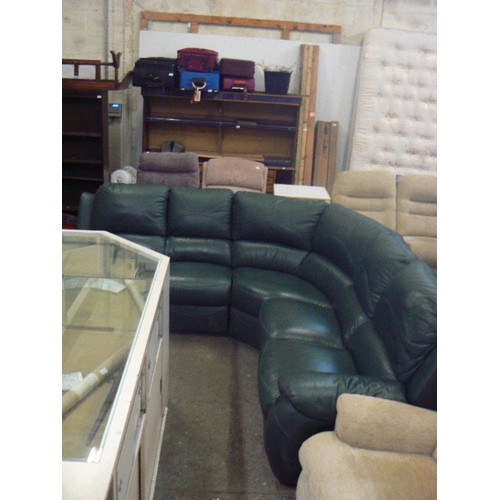 443 - LARGE CORNER LOUNGER GREEN LEATHER SOFA, SEATS 5 WITH A RECLINER AT EACH END. COMES IN SECTIONS  SEA... 