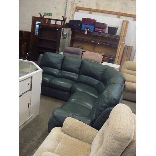 443 - LARGE CORNER LOUNGER GREEN LEATHER SOFA, SEATS 5 WITH A RECLINER AT EACH END. COMES IN SECTIONS  SEA... 