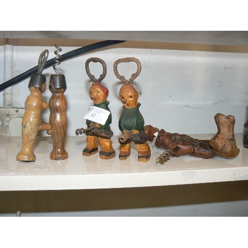 62 - NOVELTY CARVED VINTAGE BOTTLE OPENERS AND DRIFTWOOD, TOURIST PIECES