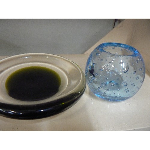 69 - BLUE GLASS BOWL, GREEN GLASS PIN DISH AND RED GLASS ASHTRAY