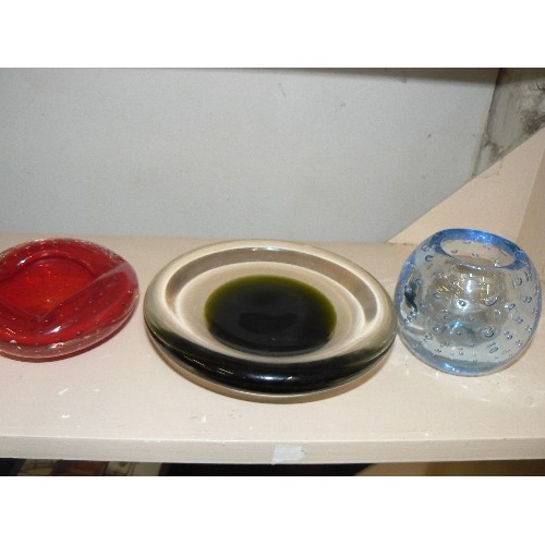 69 - BLUE GLASS BOWL, GREEN GLASS PIN DISH AND RED GLASS ASHTRAY