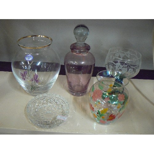 72 - BOHEMIA GLASS FLORAL VASE, ANOTHER FLORAL VASE, PINK GLASS BOTTLE PLUS 2 OTHER GLASS ITEMS