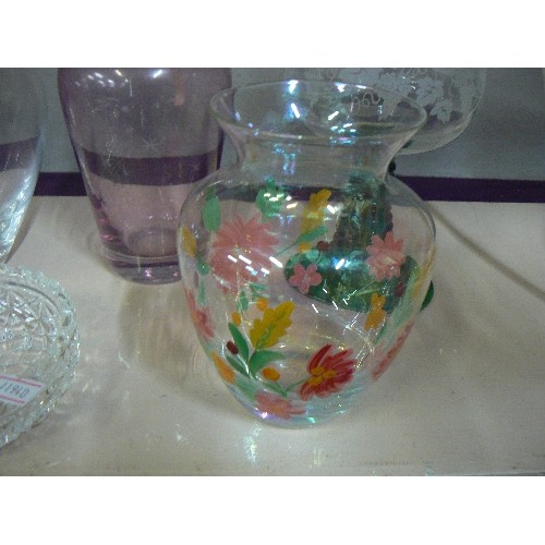 72 - BOHEMIA GLASS FLORAL VASE, ANOTHER FLORAL VASE, PINK GLASS BOTTLE PLUS 2 OTHER GLASS ITEMS