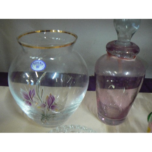 72 - BOHEMIA GLASS FLORAL VASE, ANOTHER FLORAL VASE, PINK GLASS BOTTLE PLUS 2 OTHER GLASS ITEMS