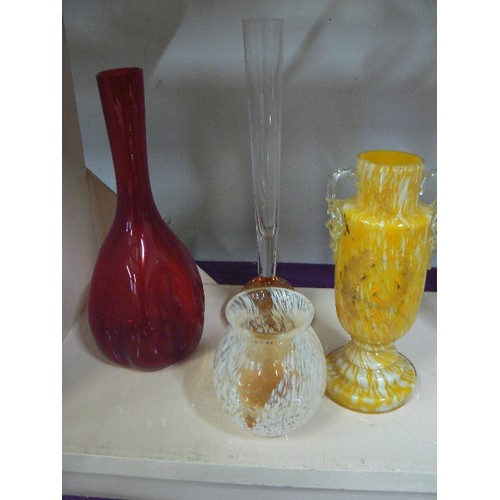 73 - CAITHNESS? YELLOW GLASS VASE PLUS 3 FURTHER GLASS VASES