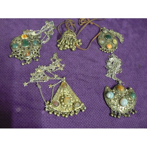 75 - 5 ALPACA SILVER? BOHEMIAN NECKLACES, 4 OF THEM CONTAINING SEMI-PRECIOUS STONES