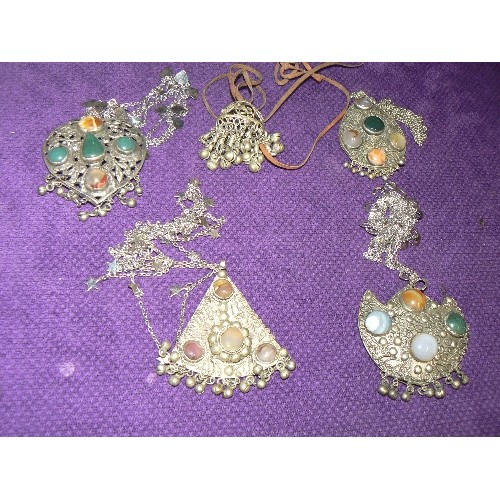 75 - 5 ALPACA SILVER? BOHEMIAN NECKLACES, 4 OF THEM CONTAINING SEMI-PRECIOUS STONES