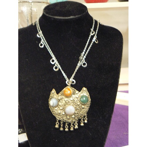 75 - 5 ALPACA SILVER? BOHEMIAN NECKLACES, 4 OF THEM CONTAINING SEMI-PRECIOUS STONES