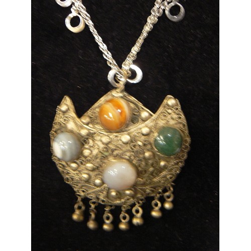 75 - 5 ALPACA SILVER? BOHEMIAN NECKLACES, 4 OF THEM CONTAINING SEMI-PRECIOUS STONES