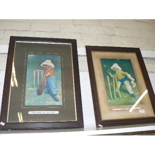 80 - 2 VINTAGE COMEDIC CARTOON CRICKET PRINTS SIGNED E.R. KINSELLA