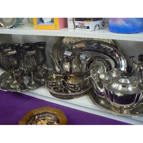 93 - LARGE COLLECTION OF SILVERPLATE ITEMS INCLUDING TEAPOT, COFFEE SET, GOBLETS AND TRAYS