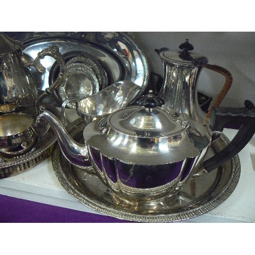 93 - LARGE COLLECTION OF SILVERPLATE ITEMS INCLUDING TEAPOT, COFFEE SET, GOBLETS AND TRAYS