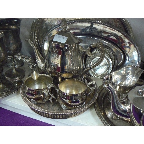 93 - LARGE COLLECTION OF SILVERPLATE ITEMS INCLUDING TEAPOT, COFFEE SET, GOBLETS AND TRAYS