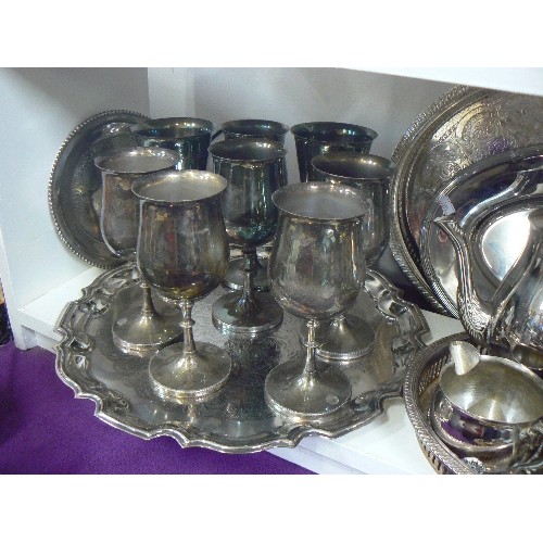 93 - LARGE COLLECTION OF SILVERPLATE ITEMS INCLUDING TEAPOT, COFFEE SET, GOBLETS AND TRAYS