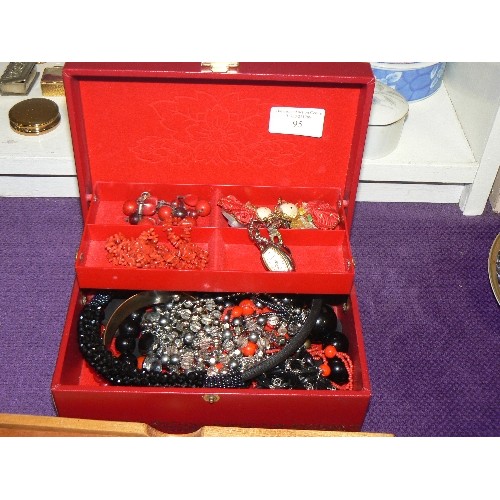 95 - RED JEWELLERY BOX WITH CONTENTS OF COSTUME JEWELLERY