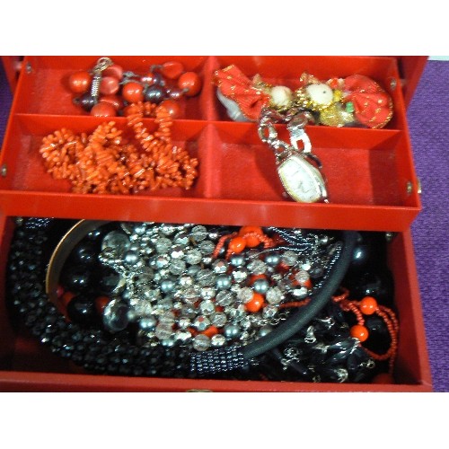 95 - RED JEWELLERY BOX WITH CONTENTS OF COSTUME JEWELLERY