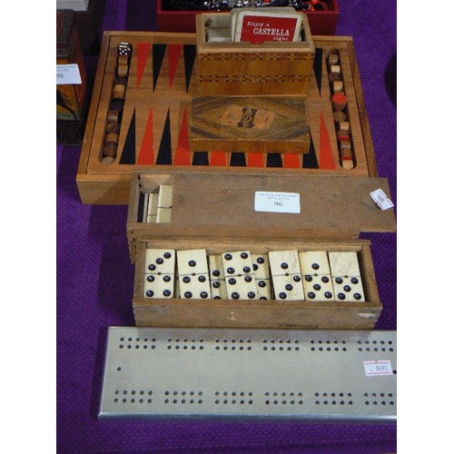 96 - VINTAGE GAMING LOT INCLUDING DOMINOES, CRIBBAGE BOARD, BACKGAMMON AND PLAYING CARDS