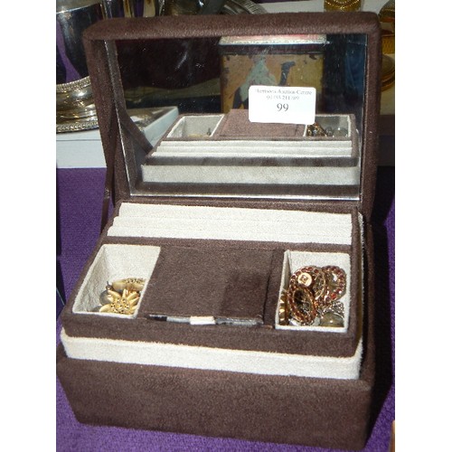 99 - BROWN SUEDE, TWO LAYER JEWELLERY BOX WITH CONTENTS OF COSTUME JEWELLERY