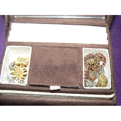 99 - BROWN SUEDE, TWO LAYER JEWELLERY BOX WITH CONTENTS OF COSTUME JEWELLERY