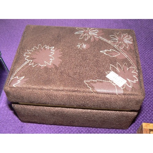 99 - BROWN SUEDE, TWO LAYER JEWELLERY BOX WITH CONTENTS OF COSTUME JEWELLERY