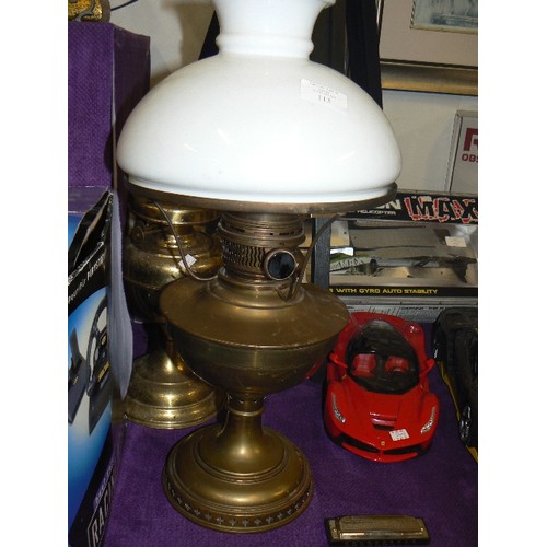 113 - BRASS OIL LAMP WITH GLASS SHADE PLUS A FURTHER 2 BRASS OIL LAMP BASSES