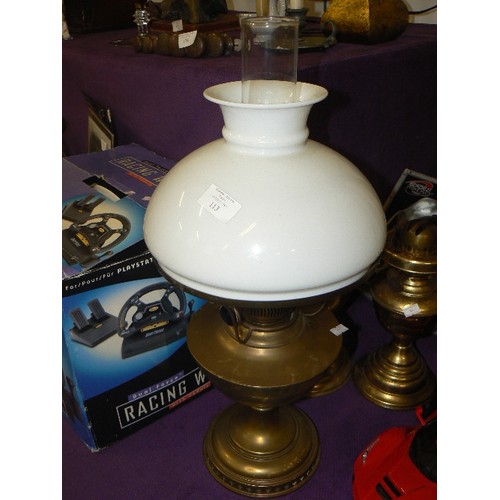 113 - BRASS OIL LAMP WITH GLASS SHADE PLUS A FURTHER 2 BRASS OIL LAMP BASSES