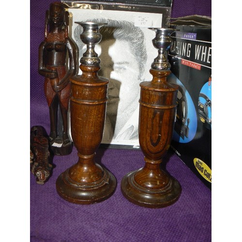 116 - PAIR OF SILVER PLATE AND WOOD CANDLESTICKS