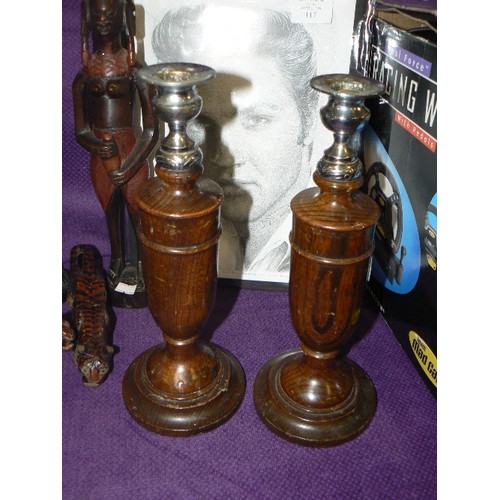 116 - PAIR OF SILVER PLATE AND WOOD CANDLESTICKS