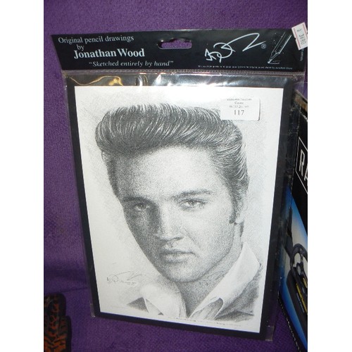 117 - ORIGINAL PENCIL DRAWING OF ELVIS BY JONATHAN WOOD 'SKETCHED ENTIRELY BY HAND'