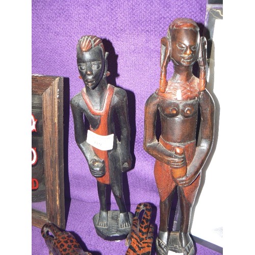 119 - PAIR OF CARVED WOODEN AFRICAN FIGURES PLUS A PAIR OF WOODEN FIGURES DEPICTING A LEOPARD AND A TIGER