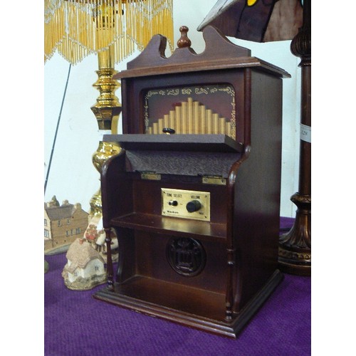 129 - WOODEN JEWELLERY MUSIC BOX (PLAYING 'LOVE STORY THEME') IN THE SHAPE OF A PIPE ORGAN WITH CONTENTS O... 