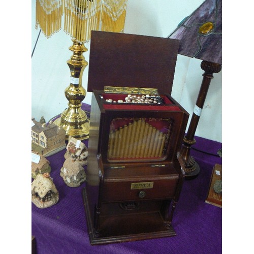 129 - WOODEN JEWELLERY MUSIC BOX (PLAYING 'LOVE STORY THEME') IN THE SHAPE OF A PIPE ORGAN WITH CONTENTS O... 