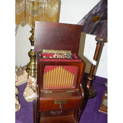 129 - WOODEN JEWELLERY MUSIC BOX (PLAYING 'LOVE STORY THEME') IN THE SHAPE OF A PIPE ORGAN WITH CONTENTS O... 